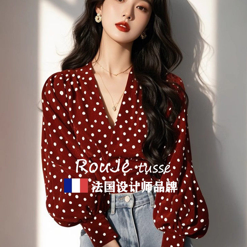 Rouje tusse复古港风绝美红色波点长袖真丝衬衫女桑蚕丝V领衬衣