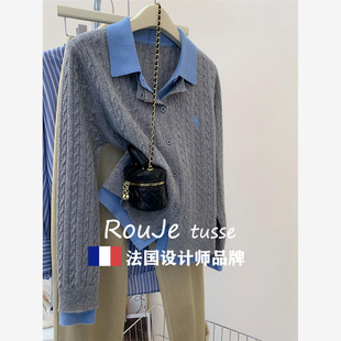 Rouje tusse灰色假两件麻花短款羊绒毛衣女春季针织开衫羊毛上衣