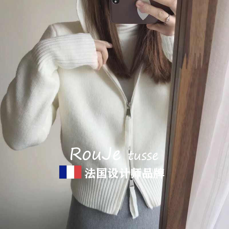 Rouje tusse白色羊毛针织开衫高级感上衣短款连帽羊绒毛衣外套女