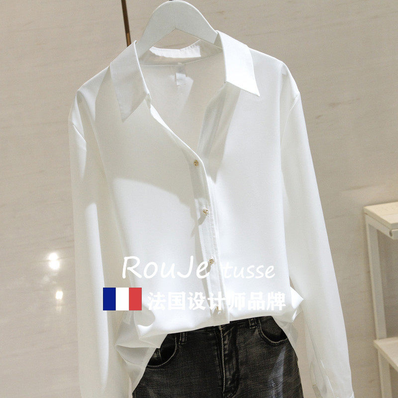 Rouje tusse白色真丝衬衫女长袖夏季显瘦设计感V领垂感桑蚕丝衬衫