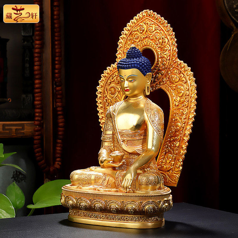 释迦牟尼佛像摆件纯铜藏传密宗精工全鎏金仿尼泊尔佛台供奉三宝佛