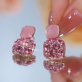 小众灵动粉色耳环S925纯银针耳钉韩国轻奢气质耳饰方形新款 潮百搭