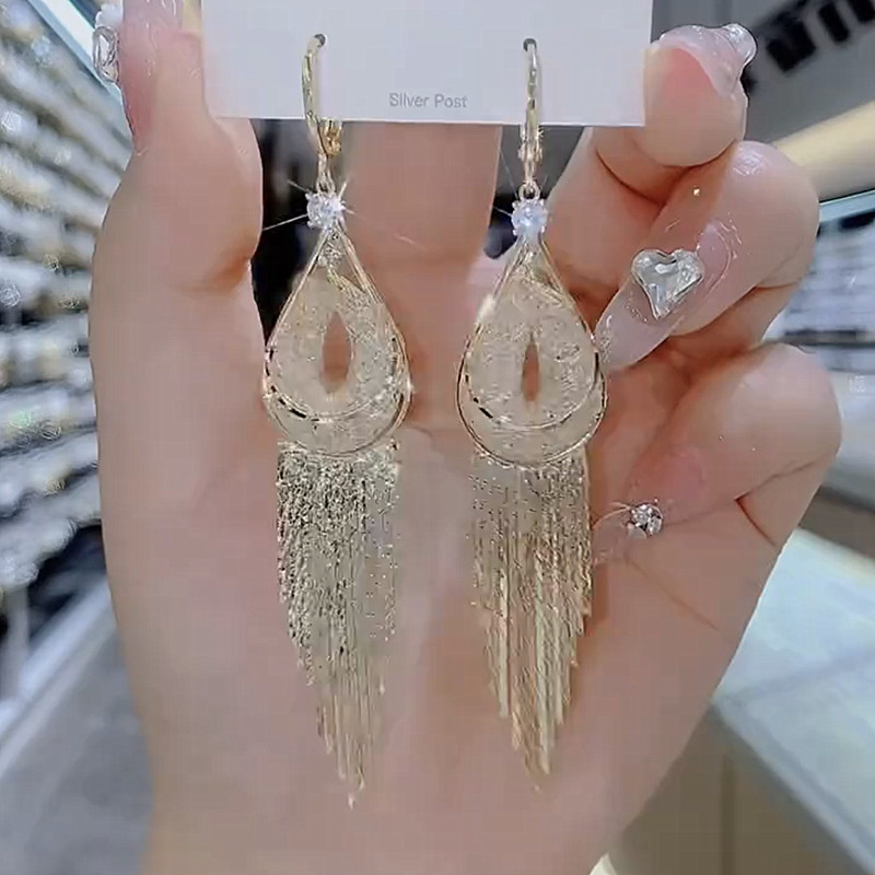 金色长款网状耳扣流苏精致耳环
