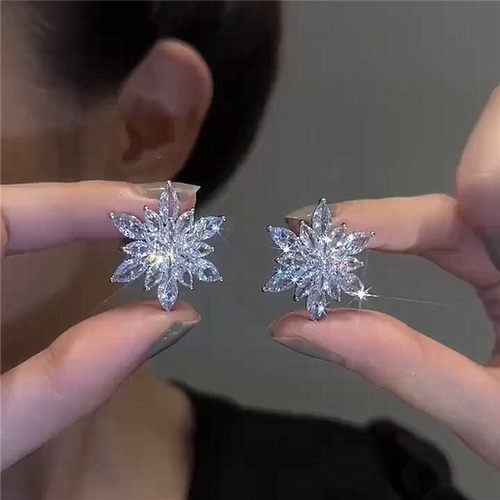 银针新款潮微镶满锆石雪花朵耳钉