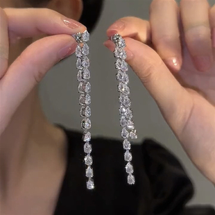 新款潮时尚精致前后带耳环S925银针长款流苏女锆石耳饰轻奢高级感