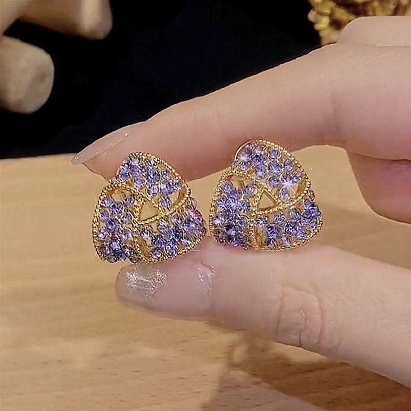 紫色镶钻锆石三角金属耳环女新品潮独特设计s925银针耳钉耳饰简约