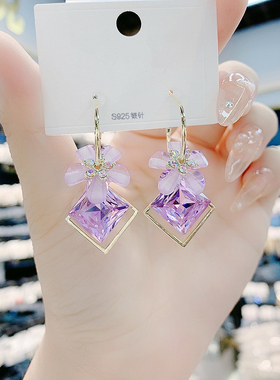 s925银针耳环樱花紫色锆石水晶耳饰女新款韩网红大气长款流苏耳坠