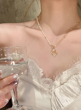 抽拉设计珍珠渐变水晶枫叶锁骨链