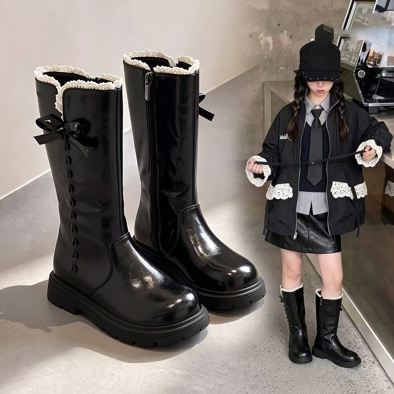 蕾丝高筒女童加绒马丁长筒靴软底