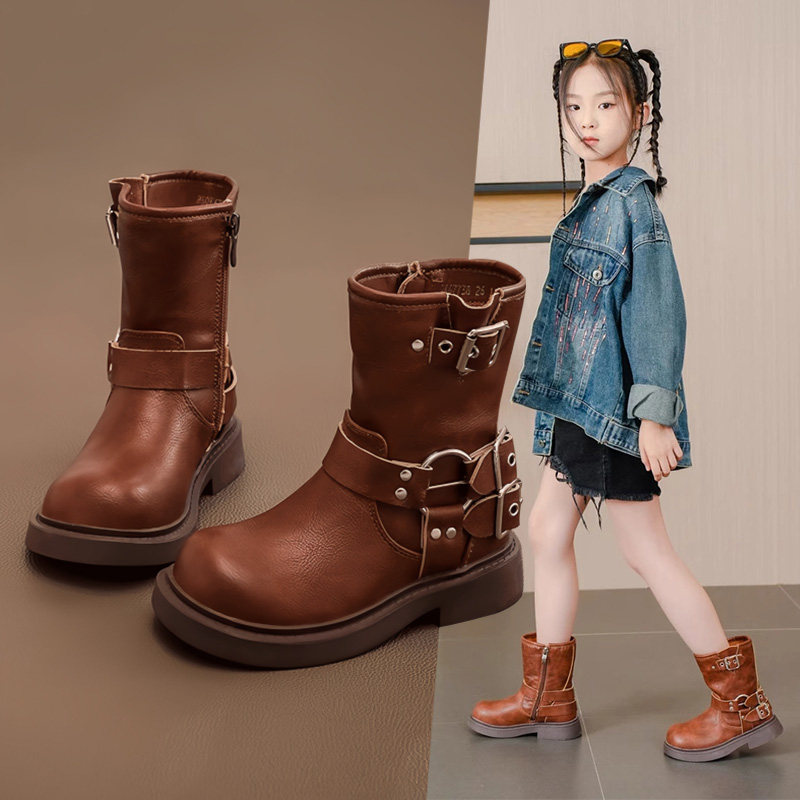 儿童靴子复古西部牛仔骑士靴秋冬款中筒男女童金属扣工装户外短靴