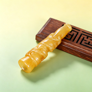 天然黄龙玉男士款手工雕刻龙形过滤烟嘴个性饰品带证书