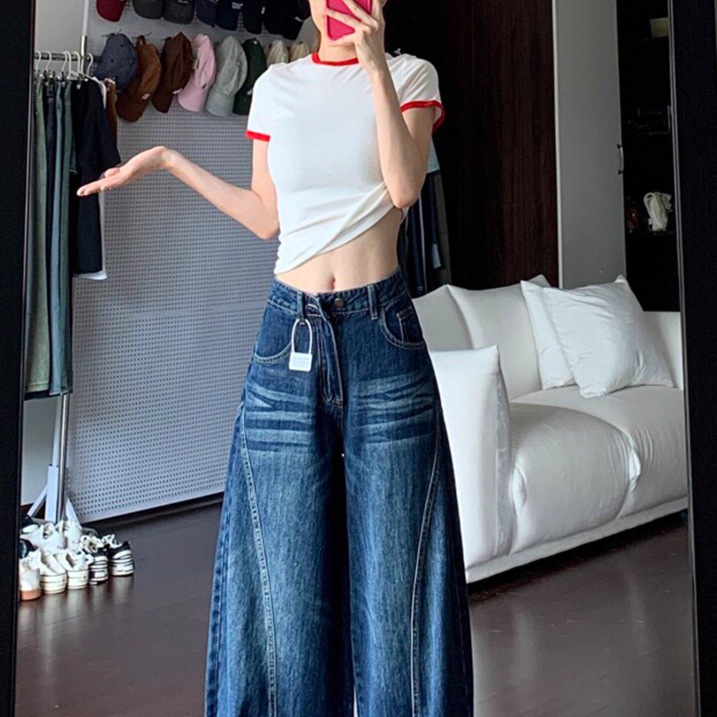 FYQ---复古水洗蓝色牛仔裤女夏款大码高腰宽松拖地阔腿裤