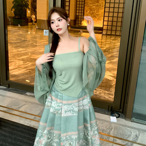 MB大码女装【清平乐】新中式防晒开衫不规则吊带上衣+国风半裙