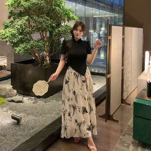 MB大码女装【水墨花映】 新中式不规则修身短款上衣垂坠感半裙