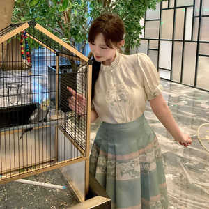 MB大码女装【青瓷云纱】胖MM新中式显瘦短袖衬衫+国风半裙