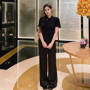 MB大码女装【四时江南】新中式开叉显瘦不规则气质短款上衣+裤子