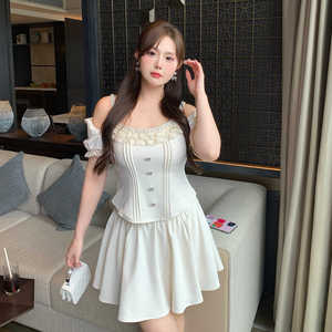 MB大码女装【罗曼蒂克】芭蕾风富家千金闪钻高级感蕾丝小香风套装