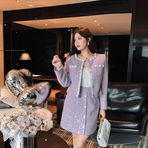 MB大码女装【繁花紫鸢】小香风名媛高级轻奢短外套高腰半身裙套装