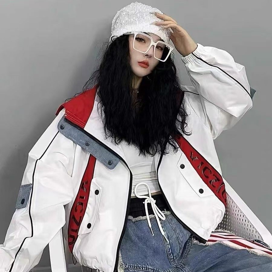 大码女装2026秋季新款个性袖子口袋装饰字母印花撞色宽松夹潮牌女