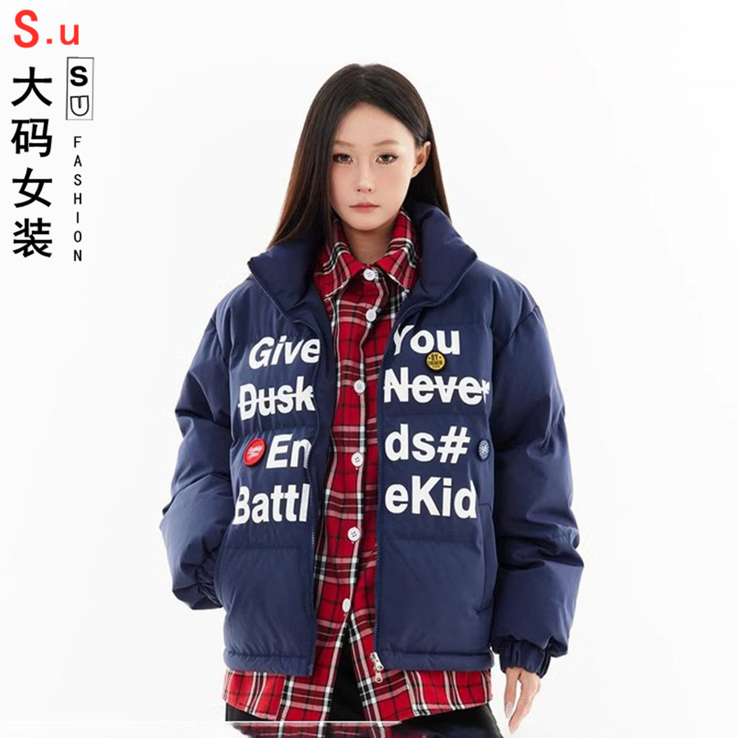 大码美式格子假两件中性字母印花外套冬季国潮复古宽松女式棉服潮