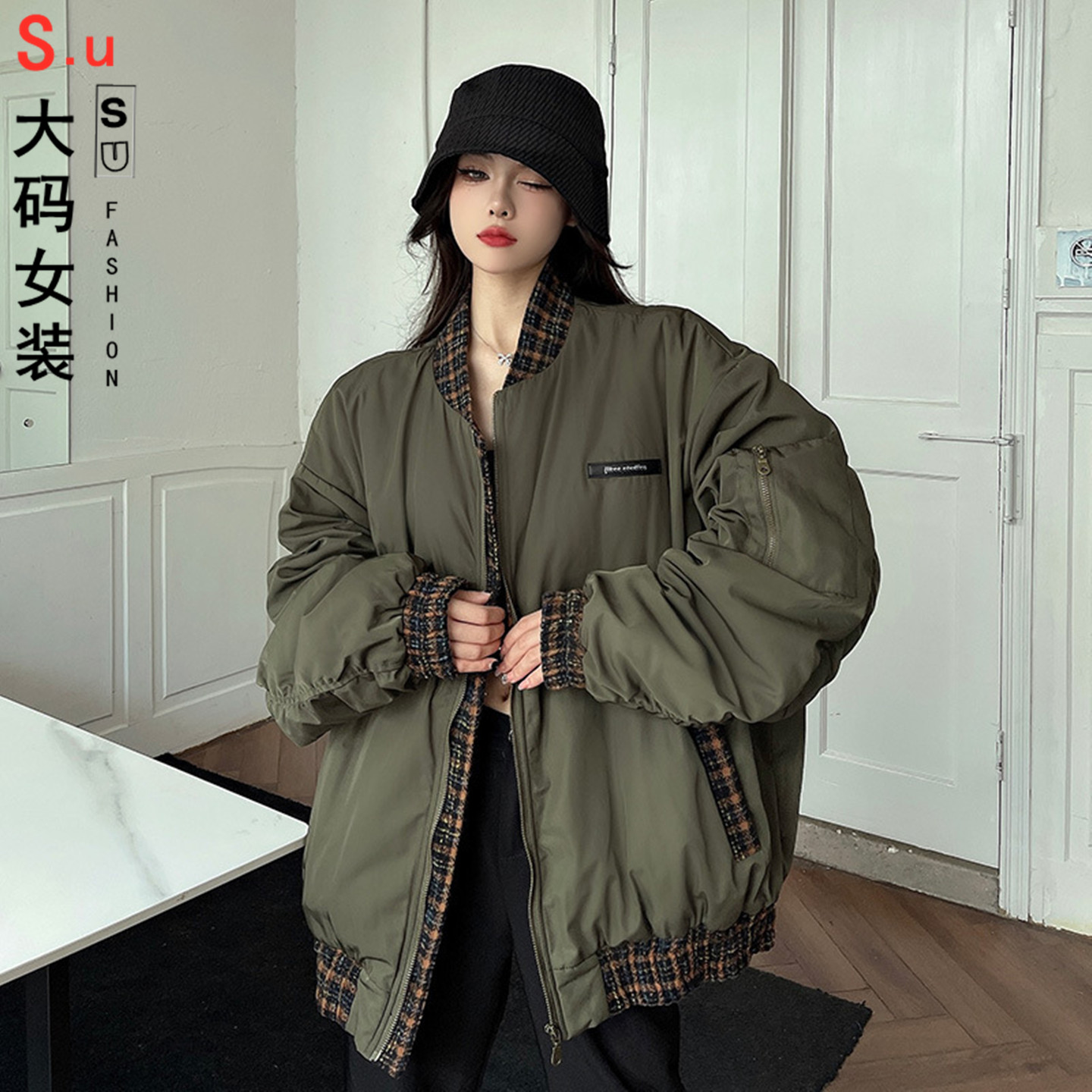 大码军绿色飞行员夹克女美式风街头棒球服vibe高街潮牌情侣装外套