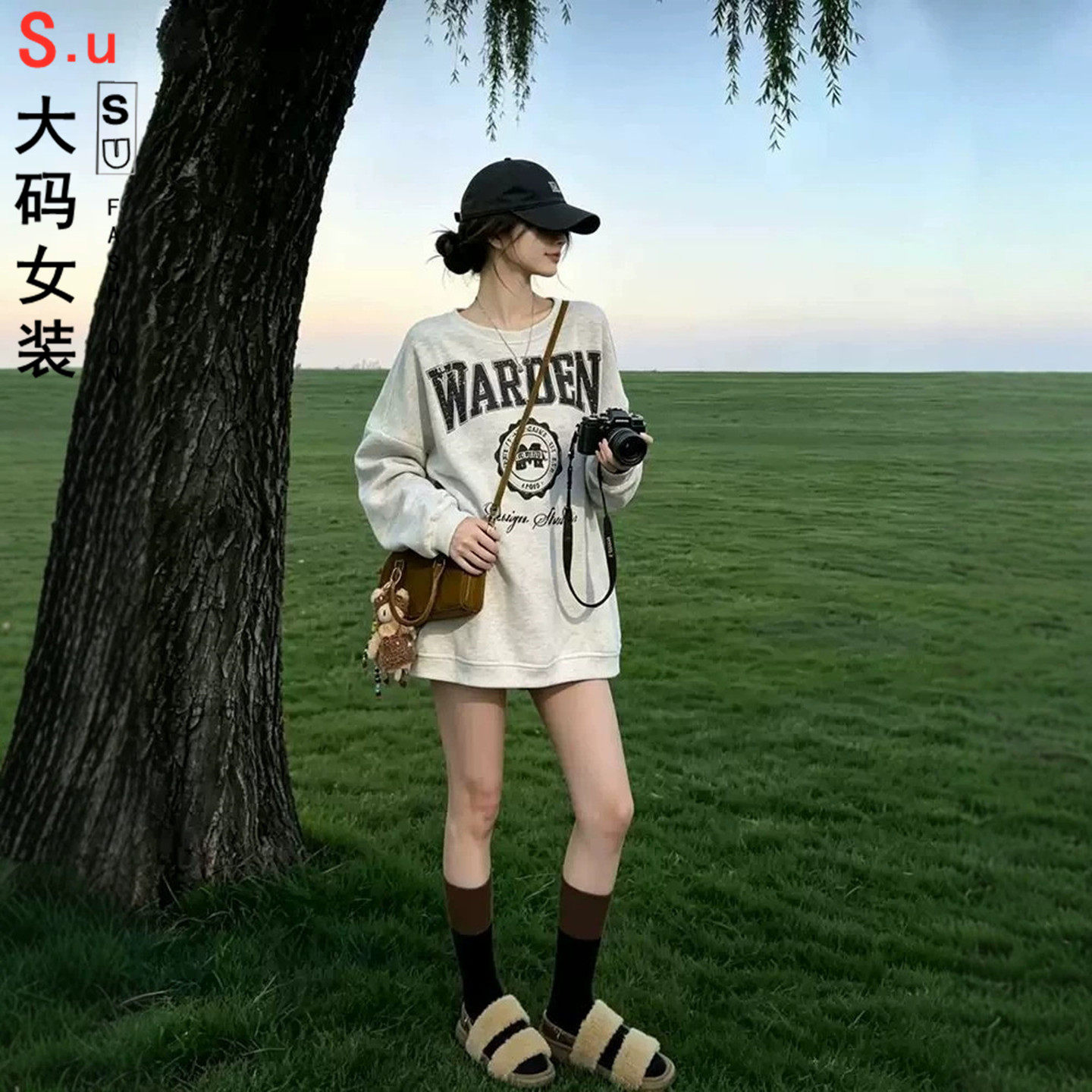 大码秋冬时尚韩系oversize慵懒圆领长袖休闲印花卫衣女款2026新款