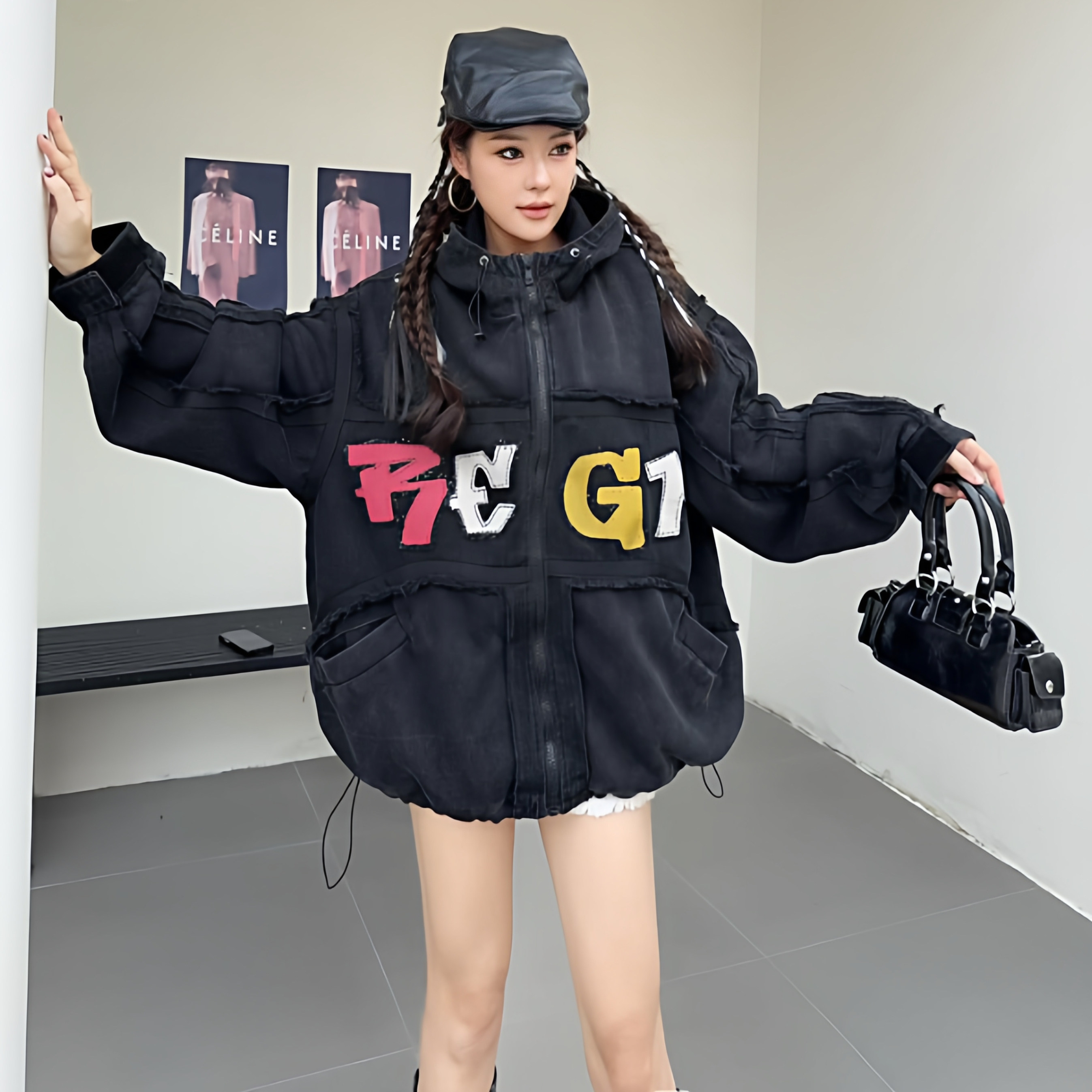 大码2026秋季新款重工刺绣宽松加棉洋气卡通长袖卫衣女连帽外套
