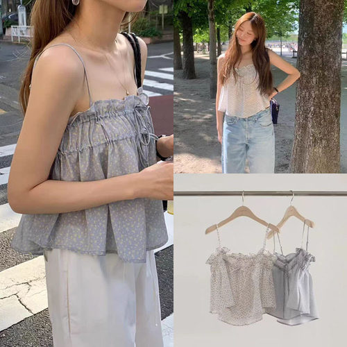 韩国代购OUNCE甜美碎花吊带系带A字无袖上衣女夏减龄韩系代购