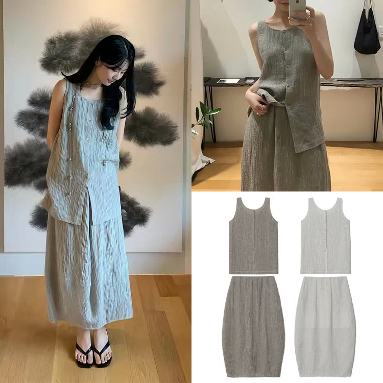 韩国正品 moia 1060701  亚麻100% 双面纽扣上衣/弹性腰长裙图片