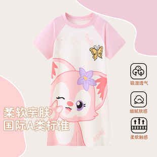 中长款 纯棉儿童睡衣薄款 女童睡裙短袖 夏季 卡通家居服夏天 套装