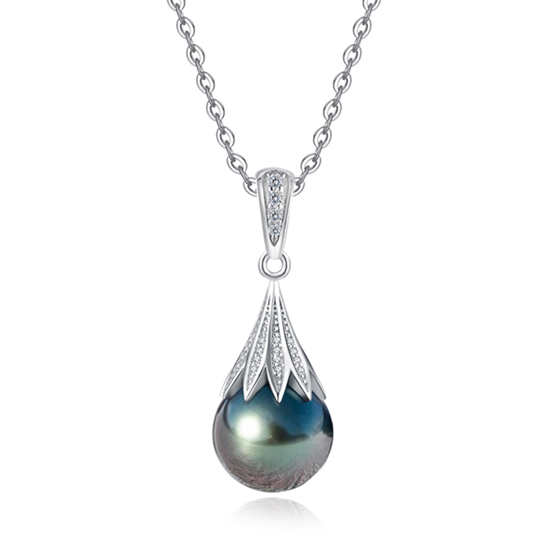 THESHE珠宝天然黑珍珠项链简约黑珍珠吊坠单颗女S925纯银送爱人