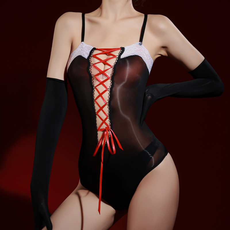 性感蕾丝吊带马油亮泳衣