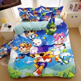 来图定制卡通动漫洛克王国床单被套可爱儿童卧室床品宿舍床三件套