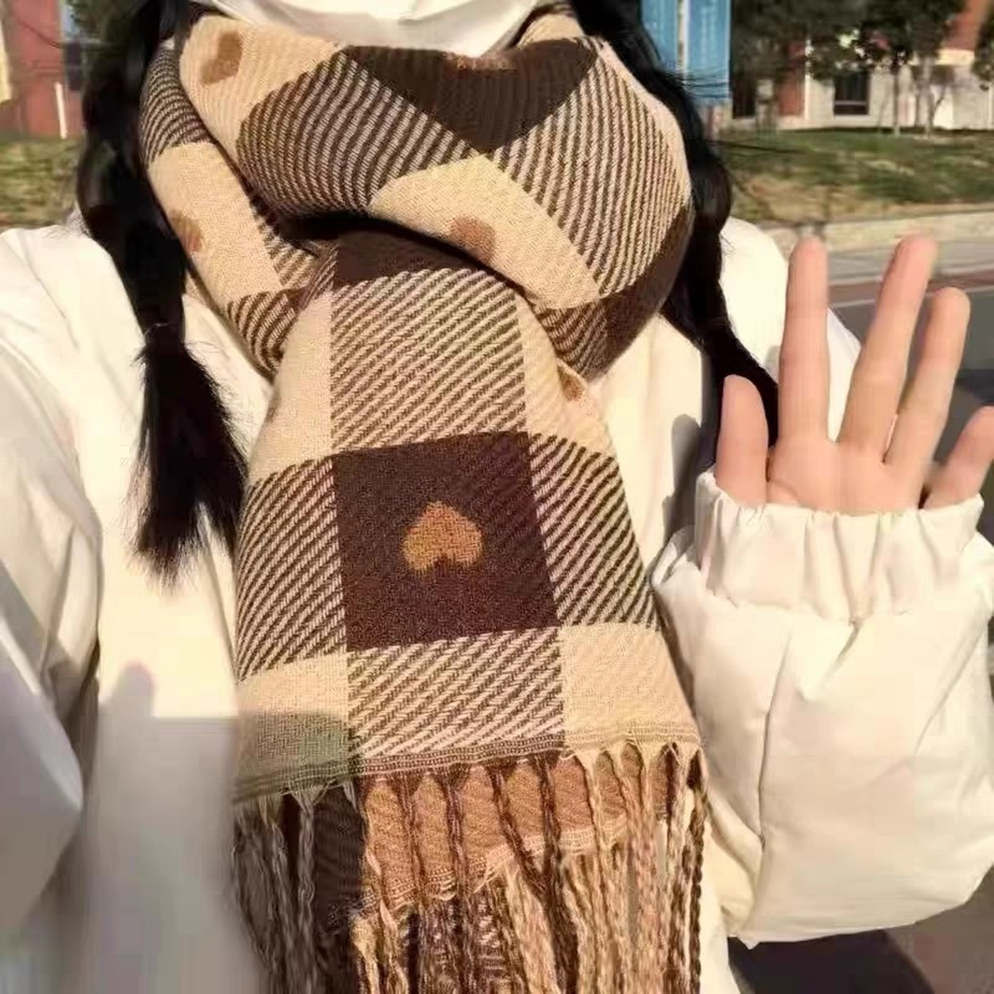 爱心格子围巾女款2025新款冬保暖韩系氛围感高级围脖披肩生日礼物