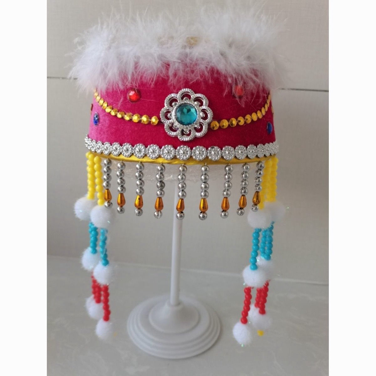 蒙古帽新款皇冠公主民族格格舞蹈儿童民族演出头饰白色毛球香妃帽