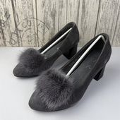 35码 百搭 饰时尚 通勤风浅口尖头单鞋 女粗跟毛球装