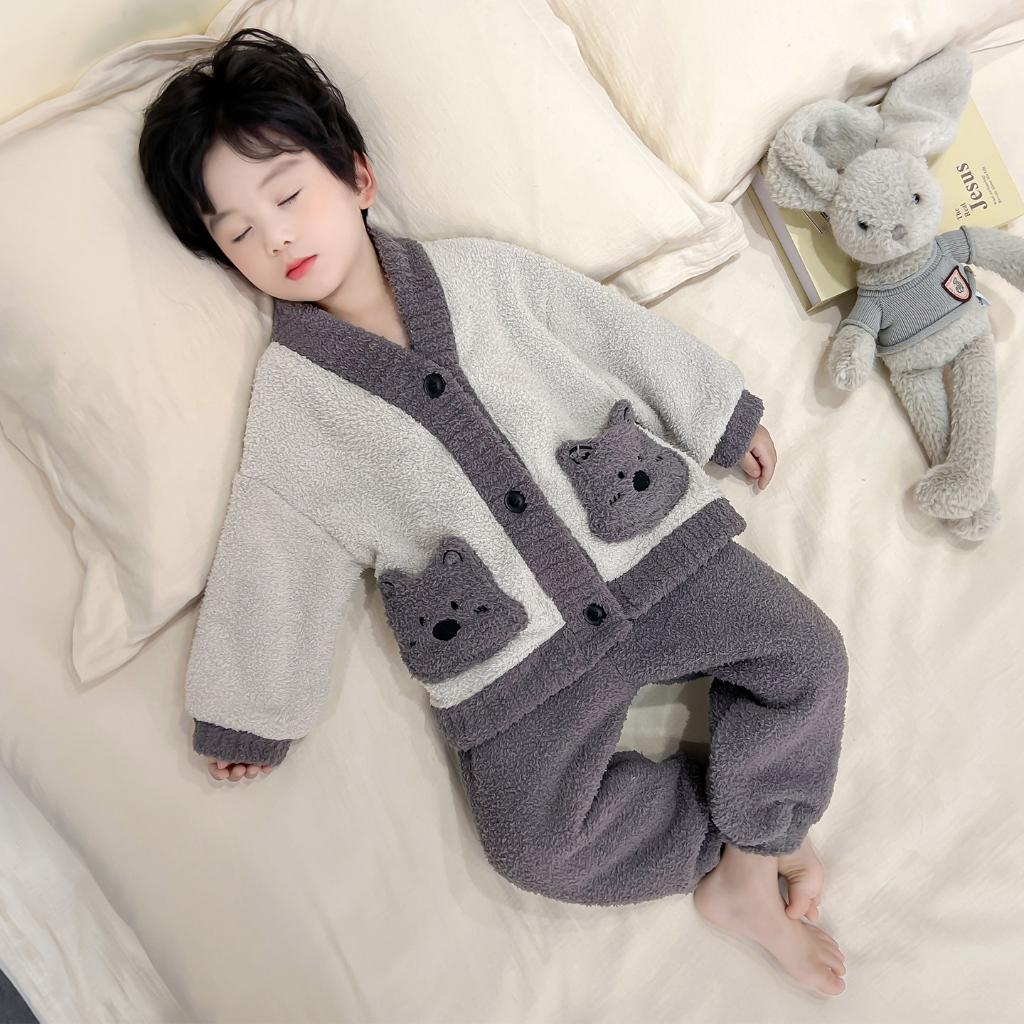 男童睡衣秋冬款男孩半边绒加绒加厚开衫套装儿童宝宝珊瑚绒家居服