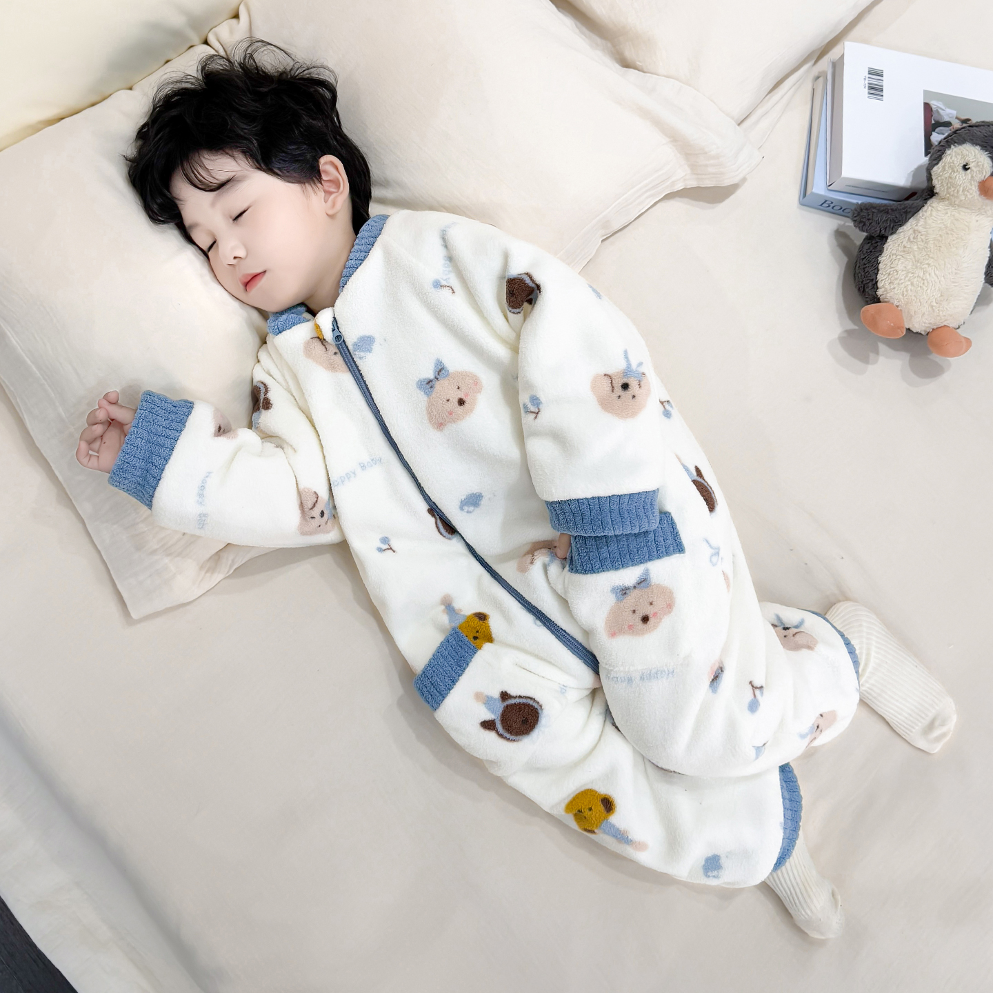 男童连体睡衣冬季法兰绒双层夹棉爬服儿童男宝宝珊瑚绒家居服睡袋