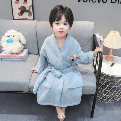 男童法兰绒睡袍小童宝宝秋冬季睡衣家居服儿童卡通可爱珊瑚绒浴袍