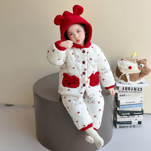 女童睡衣儿童冬季珊瑚绒三层加绒加厚女宝宝法兰绒保暖家居服套装