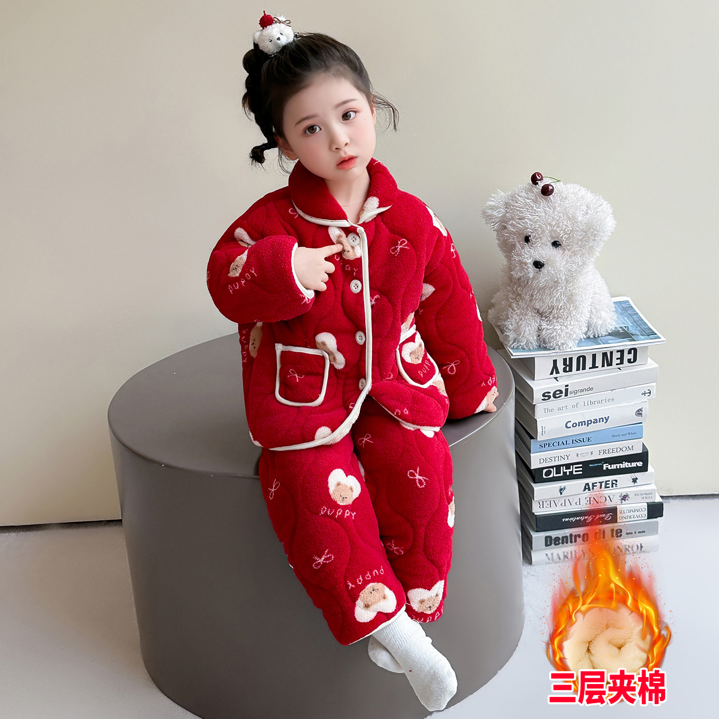 女童睡衣套装冬季三层夹棉大红家居服儿童女宝宝法兰绒保暖开衫款