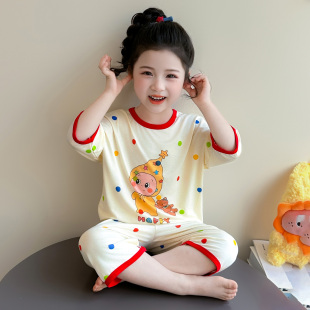 家居服套装 女童卡通莫代尔睡衣夏季 薄款 儿童女宝宝七分袖 2026新款