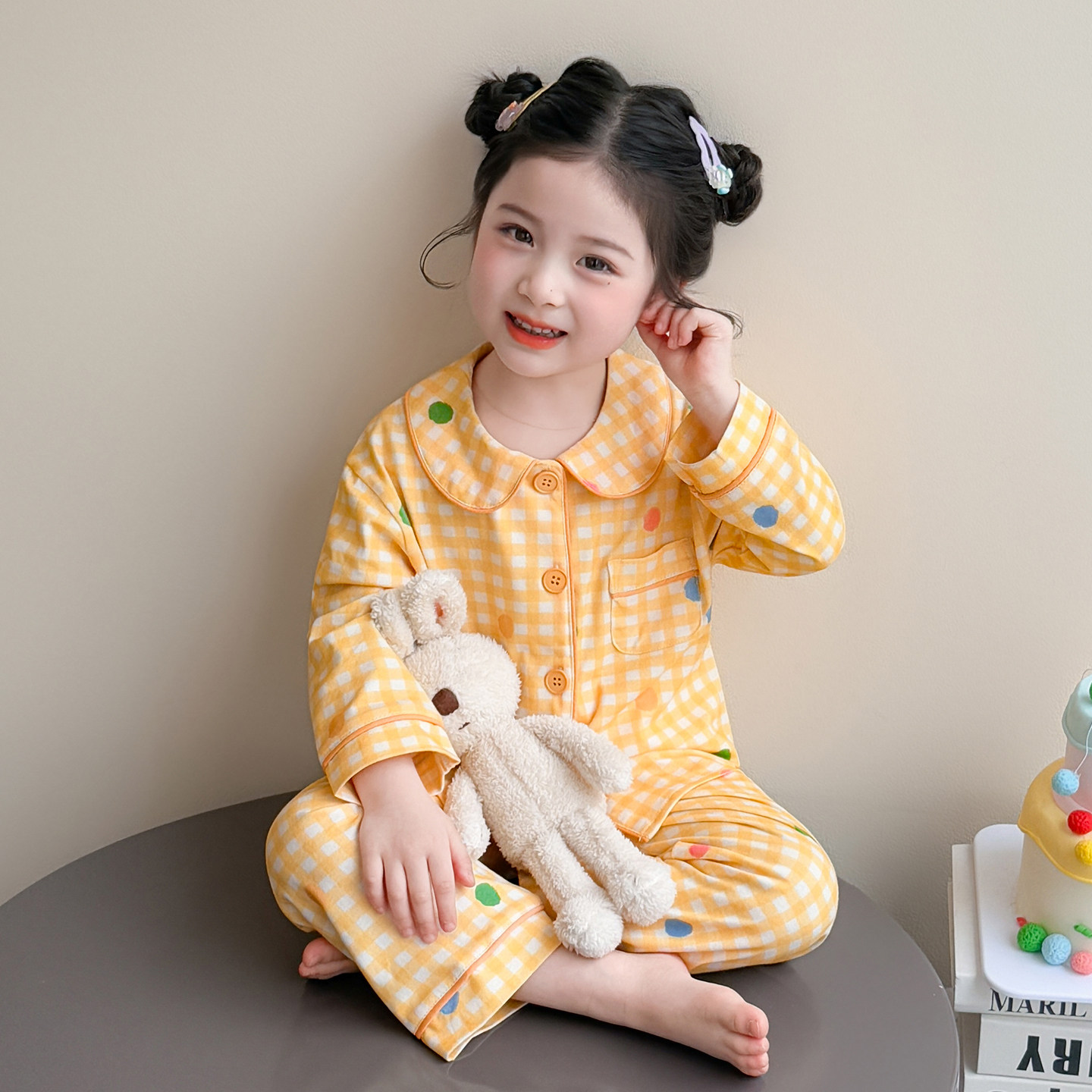 女童睡衣春秋新款女宝宝纯棉两色格子开衫套装儿童春季居家空调服