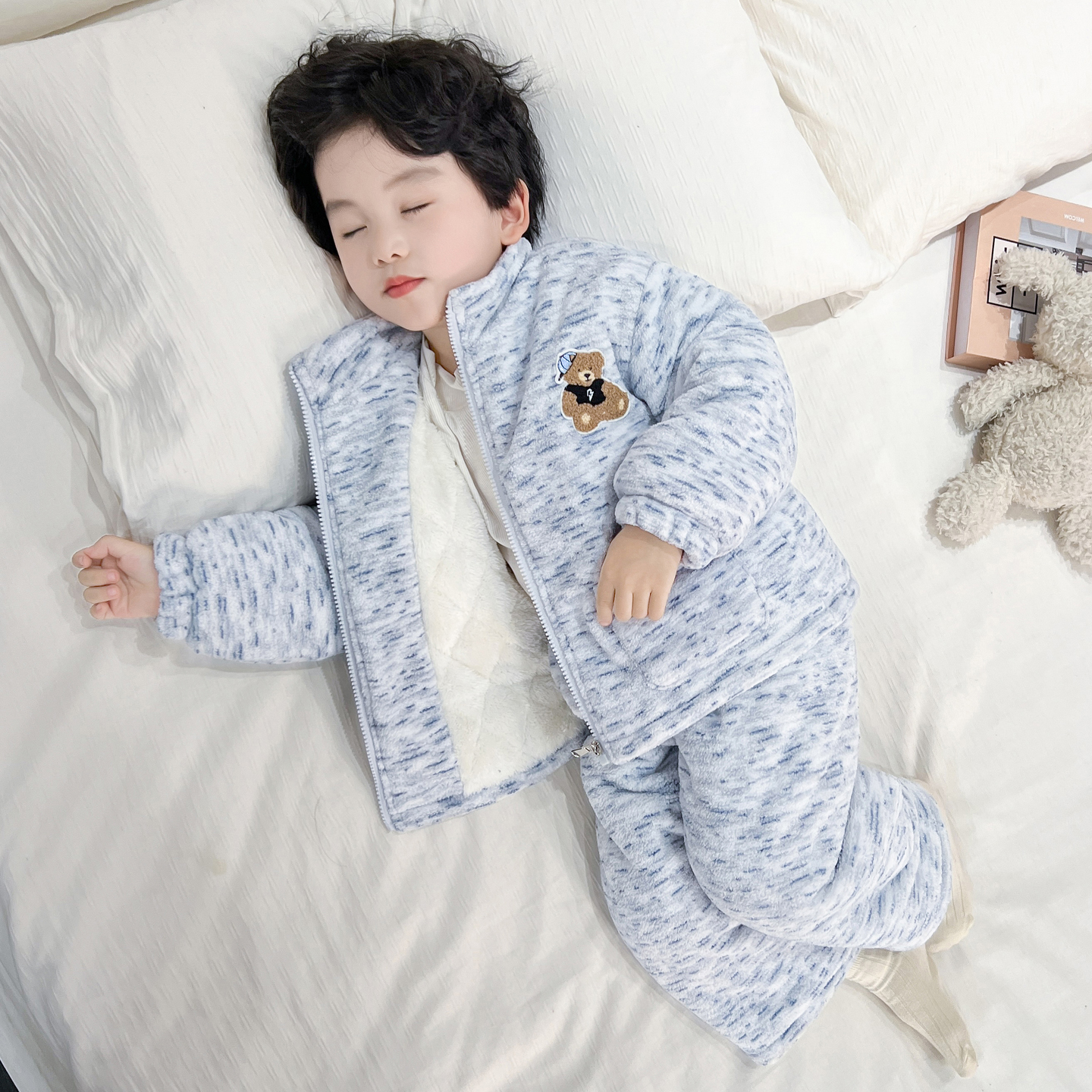 男童三层加绒夹棉睡衣套装儿童宝宝冬季珊瑚绒加厚保暖开衫家居服