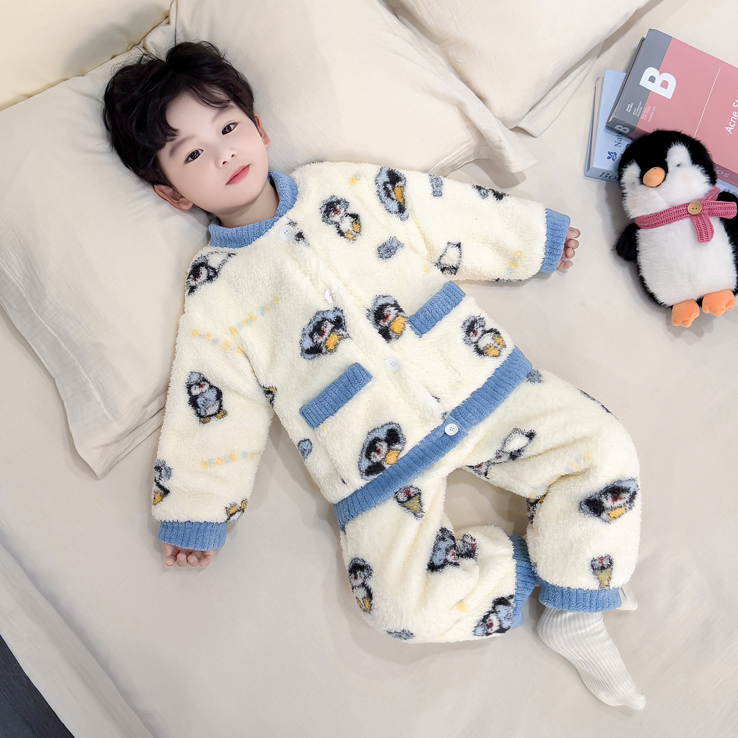 男童法兰绒睡衣冬季2025新款儿童双层加厚套装男宝宝珊瑚绒家居服