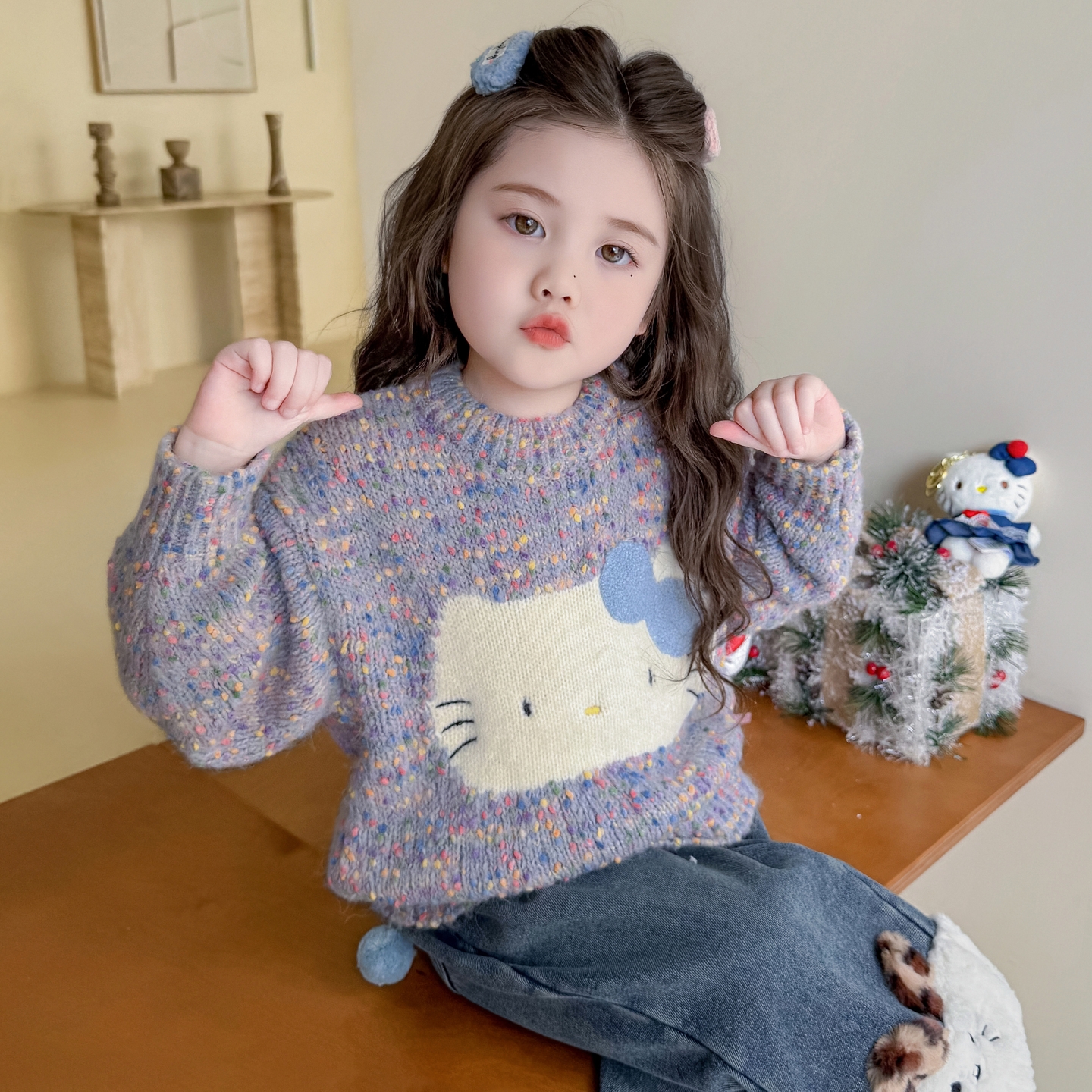 女童KT猫毛衣2025新款秋冬季儿童女孩洋气百搭加厚时髦针织衫上衣