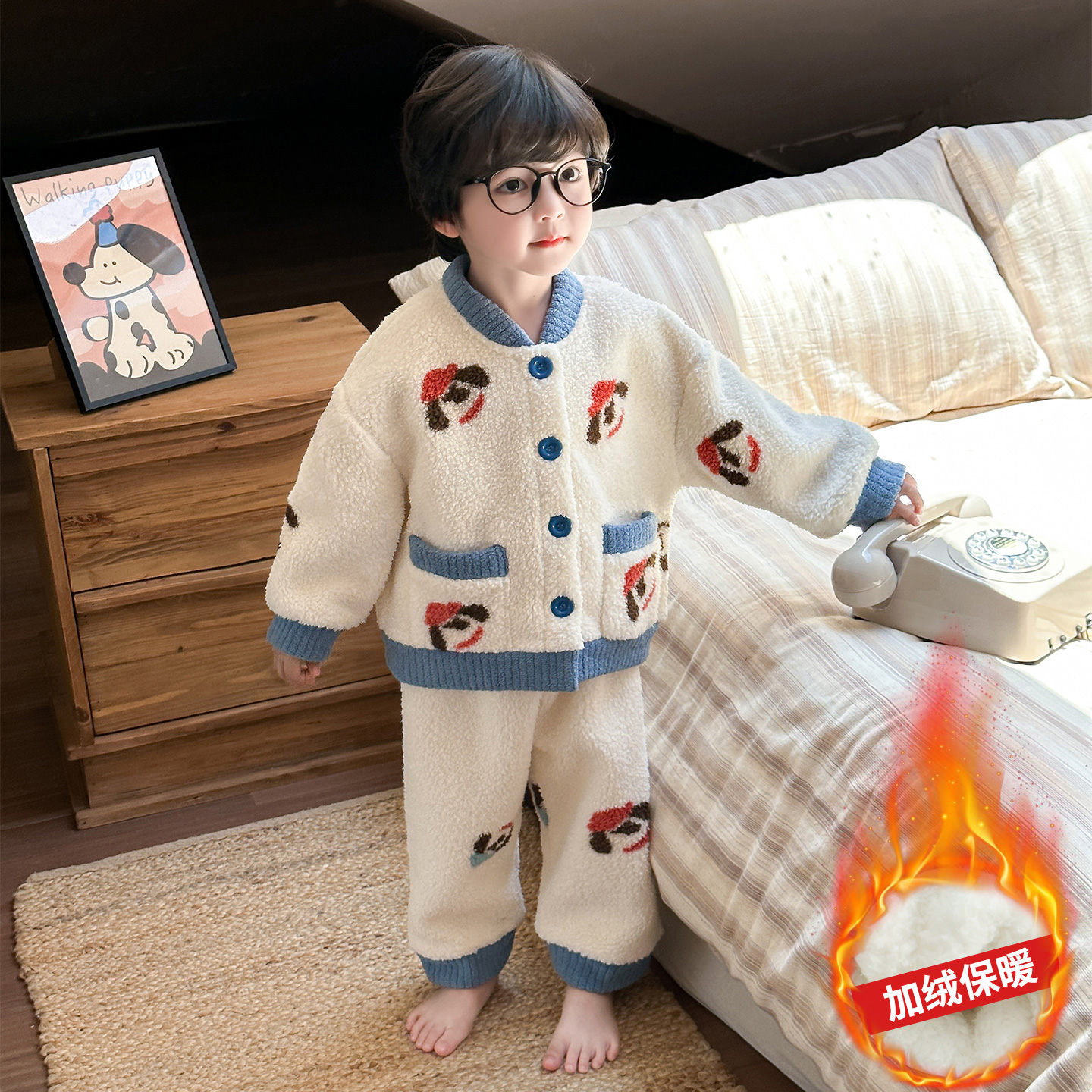 男童睡衣套装秋冬珊瑚绒保暖开衫双层加绒加厚家居服法兰绒休闲款