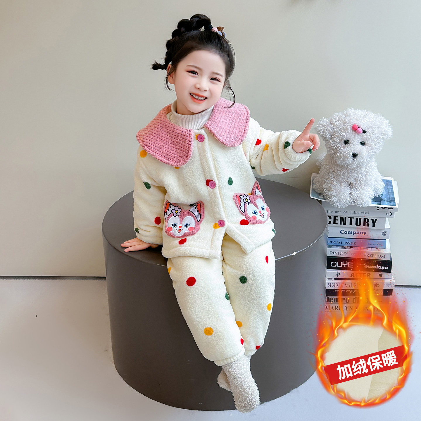 女童睡衣2025冬季新款女宝宝法兰绒家居服儿童双层珊瑚绒开衫套装