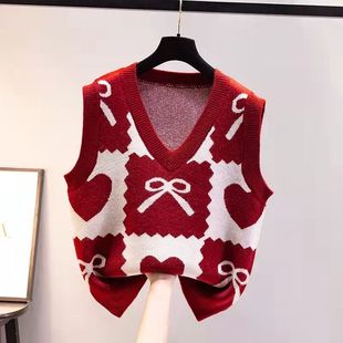 毛衣宝宝马夹中大童潮女童马甲针织背心春秋新款v领无袖套头红色