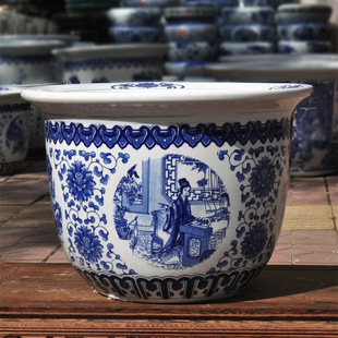 景德镇盆栽 树盆 花盆青花瓷仕女图家居摆景装饰包邮